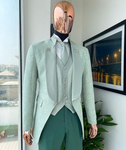 An “eloper” Pistachio green, floral pattern jacquard tuxedo suit