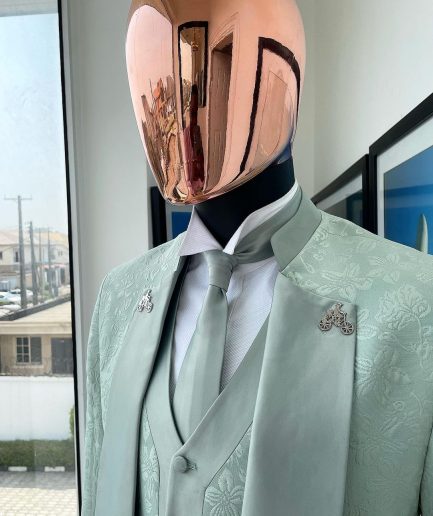An “eloper” Pistachio green, floral pattern jacquard tuxedo suit