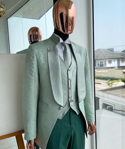 An “eloper” Pistachio green, floral pattern jacquard tuxedo suit