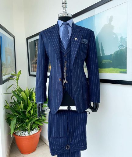 A Navy blue pencil stripe - Jorgecarli super 110’s- “Board Room” notch lapel patch pocket suit