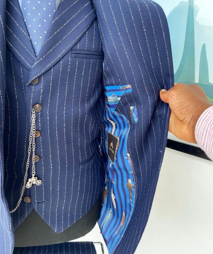 A Navy blue pencil stripe - Jorgecarli super 110’s- “Board Room” notch lapel patch pocket suit
