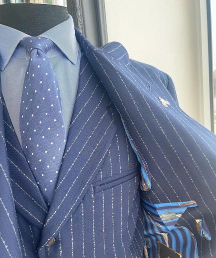 A Navy blue pencil stripe - Jorgecarli super 110’s- “Board Room” notch lapel patch pocket suit