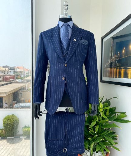 A Navy blue pencil stripe - Jorgecarli super 110’s- “Board Room” notch lapel patch pocket suit