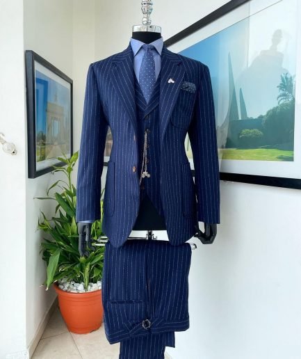 A Navy blue pencil stripe - Jorgecarli super 110’s- “Board Room” notch lapel patch pocket suit