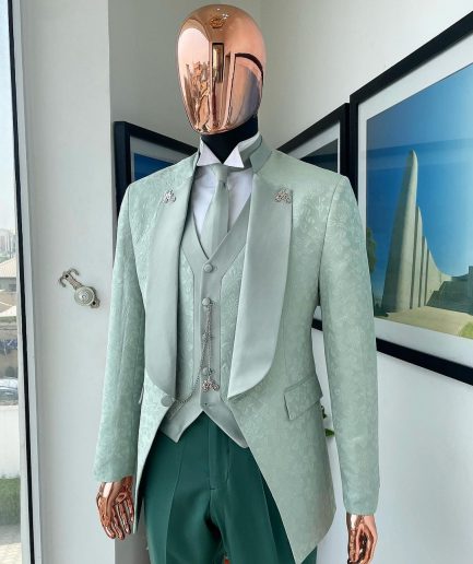 An “eloper” Pistachio green, floral pattern jacquard tuxedo suit
