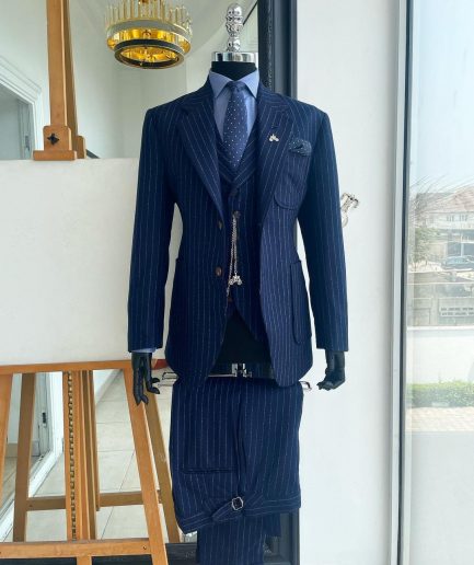 A Navy blue pencil stripe - Jorgecarli super 110’s- “Board Room” notch lapel patch pocket suit