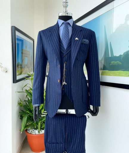 A Navy blue pencil stripe - Jorgecarli super 110’s- “Board Room” notch lapel patch pocket suit