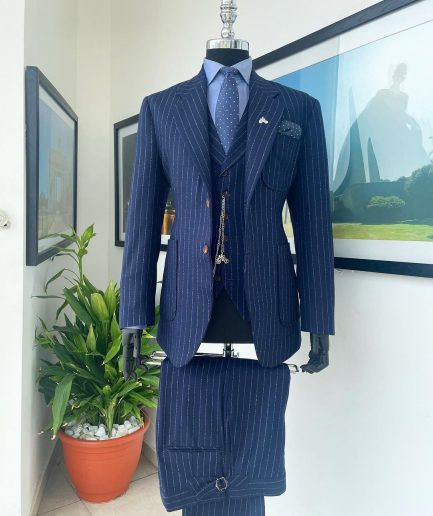 A Navy blue pencil stripe - Jorgecarli super 110’s- “Board Room” notch lapel patch pocket suit
