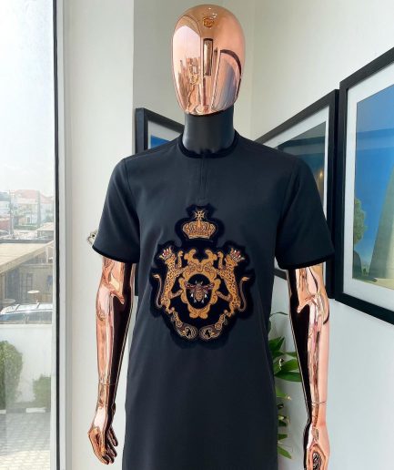 A Charcoal black, king crown Embroidery gold and black patch detailing african traditional senator kaftan native.