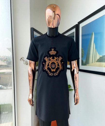 A Charcoal black, king crown Embroidery gold and black patch detailing african traditional senator kaftan native.