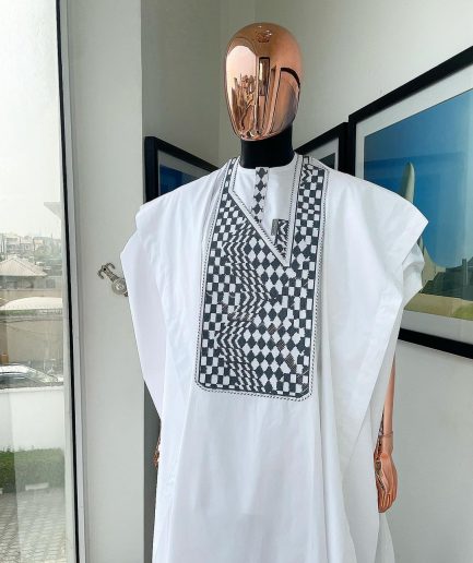 A Cocaine white, Square inter-layered 3D embroidery design details Agbada