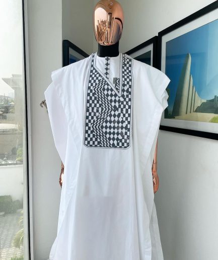 A Cocaine white, Square inter-layered 3D embroidery design details Agbada