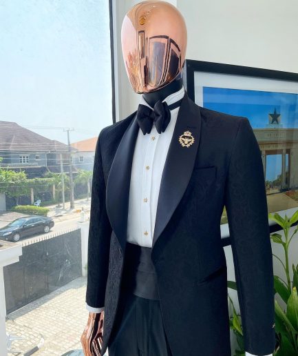 A Charcoal black “classic” shawl lapel floral pattern jacquard tuxedo suit