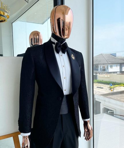A Charcoal black “classic” shawl lapel floral pattern jacquard tuxedo suit