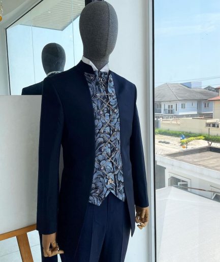 A Navy blue “downtown” with front cut metallic jacquard floral patterned cut suit