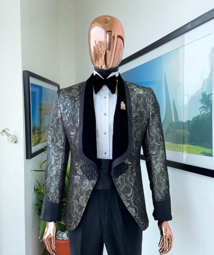 A grey, Iron and shadow grey metallic jacquard royal shawl lapel tuxedo suit