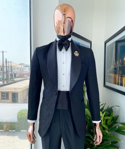 A Charcoal black “classic” shawl lapel floral pattern jacquard tuxedo suit