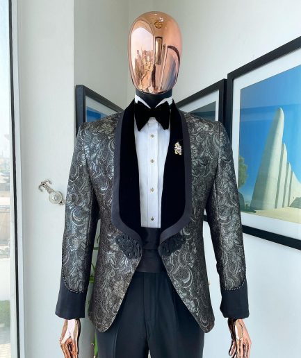 A grey, Iron and shadow grey metallic jacquard royal shawl lapel tuxedo suit