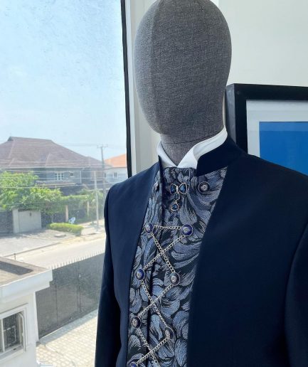A Navy blue “downtown” with front cut metallic jacquard floral patterned cut suit