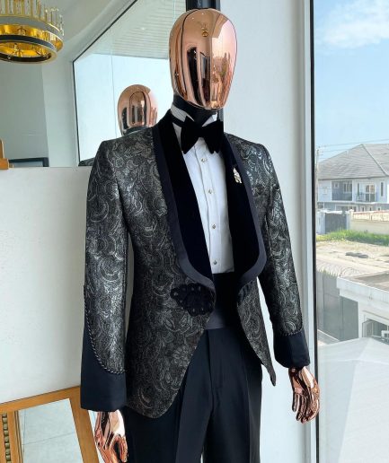 A grey, Iron and shadow grey metallic jacquard royal shawl lapel tuxedo suit