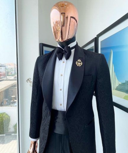 A Charcoal black “classic” shawl lapel floral pattern jacquard tuxedo suit