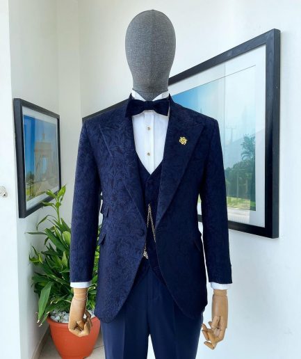 A peak lapel, ruffled floral pattern jacquard tuxedo suit