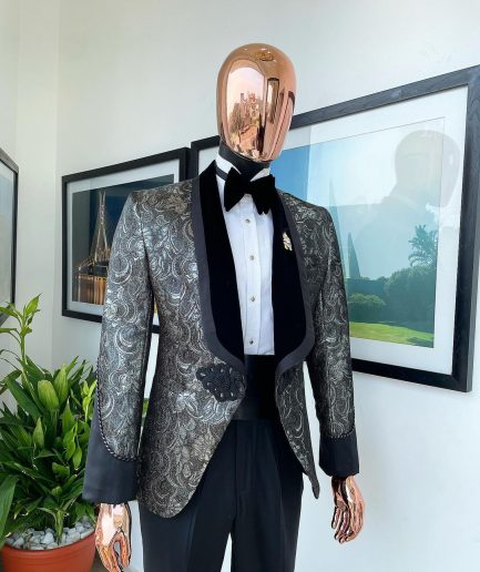 A grey, Iron and shadow grey metallic jacquard royal shawl lapel tuxedo suit