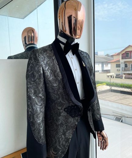A grey, Iron and shadow grey metallic jacquard royal shawl lapel tuxedo suit