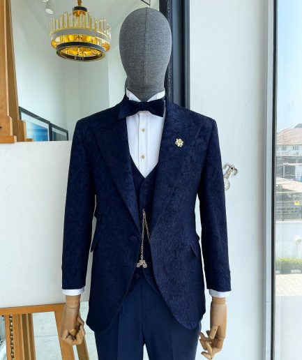 A peak lapel, ruffled floral pattern jacquard tuxedo suit