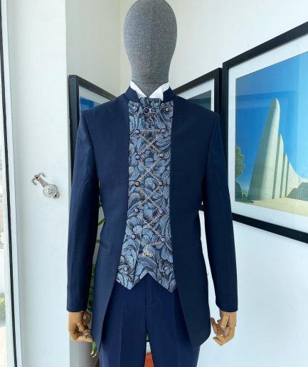 A Navy blue “downtown” with front cut metallic jacquard floral patterned cut suit