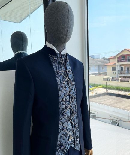 A Navy blue “downtown” with front cut metallic jacquard floral patterned cut suit