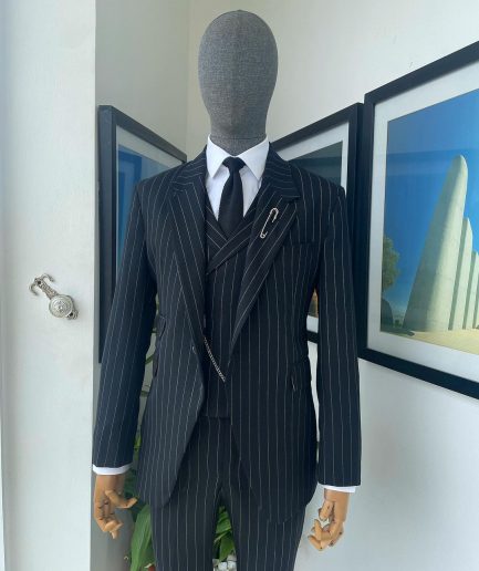 A charcoal black & white pencil stripe Jorgecarli ceremonial super 140's “Board Room” notch lapel patch pocket suit