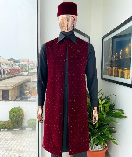 An “Eyes Wide Shut” mahogany red soaked Italian velvet Ceremonial suktan with black Swarovski stone detailing