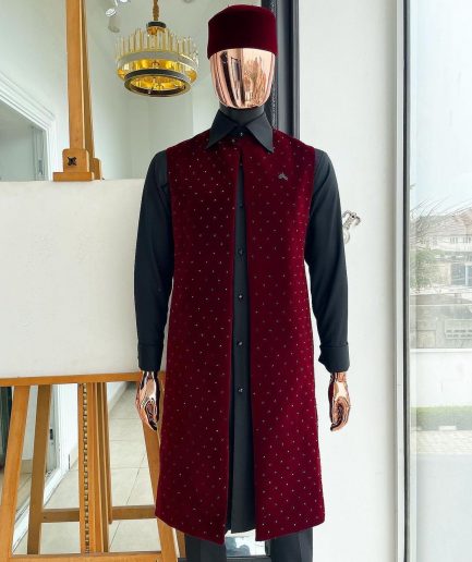 An “Eyes Wide Shut” mahogany red soaked Italian velvet Ceremonial suktan with black Swarovski stone detailing