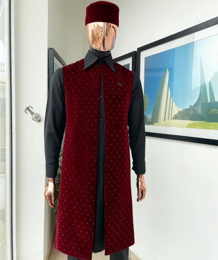 An “Eyes Wide Shut” mahogany red soaked Italian velvet Ceremonial suktan with black Swarovski stone detailing