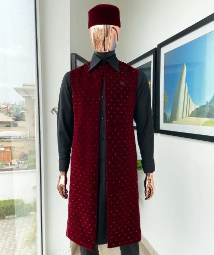 An “Eyes Wide Shut” mahogany red soaked Italian velvet Ceremonial suktan with black Swarovski stone detailing