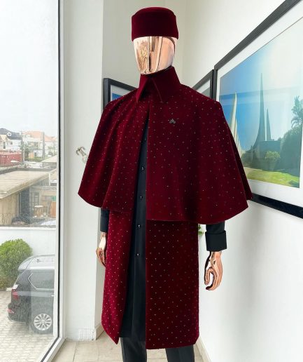 An “Eyes Wide Shut” mahogany red soaked Italian velvet Ceremonial suktan with black Swarovski stone detailing
