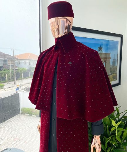 An “Eyes Wide Shut” mahogany red soaked Italian velvet Ceremonial suktan with black Swarovski stone detailing