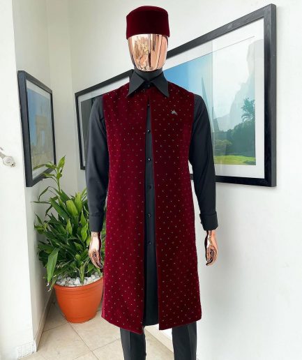 An “Eyes Wide Shut” mahogany red soaked Italian velvet Ceremonial suktan with black Swarovski stone detailing