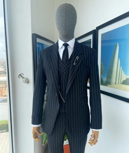 A charcoal black & white pencil stripe Jorgecarli ceremonial super 140's “Board Room” notch lapel patch pocket suit