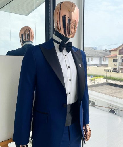 A Navy blue peak lapel tuxedo suit