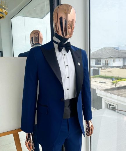 A Navy blue peak lapel tuxedo suit