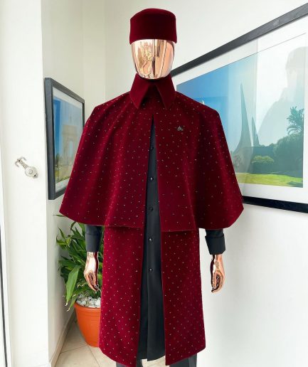 An “Eyes Wide Shut” mahogany red soaked Italian velvet Ceremonial suktan with black Swarovski stone detailing
