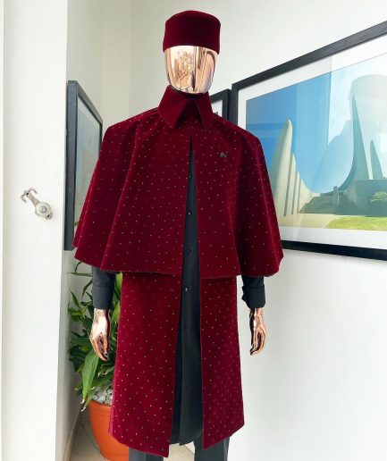 An “Eyes Wide Shut” mahogany red soaked Italian velvet Ceremonial suktan with black Swarovski stone detailing