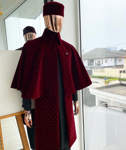 An “Eyes Wide Shut” mahogany red soaked Italian velvet Ceremonial suktan with black Swarovski stone detailing