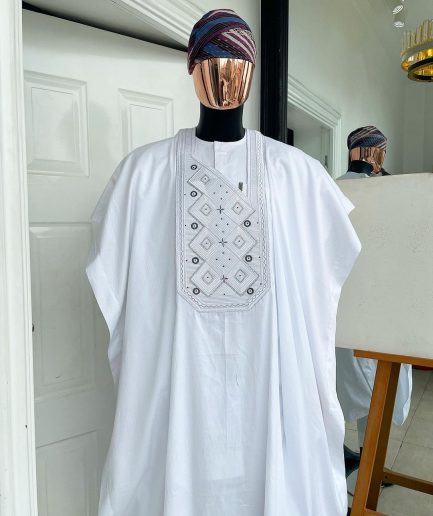 A Cocaine white, Square dropping-layered embroidery design details agbada