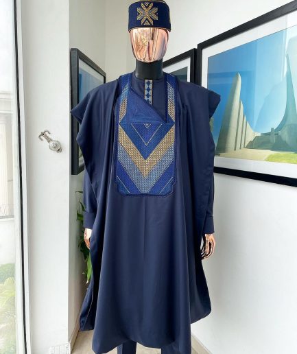 A Navy blue, Connected triangle -layered 3D embroidery design details agbada