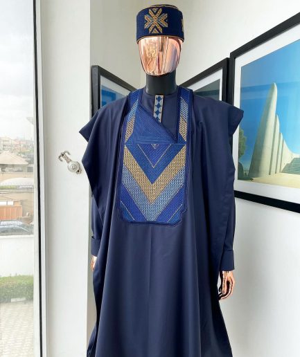 A Navy blue, Connected triangle -layered 3D embroidery design details agbada