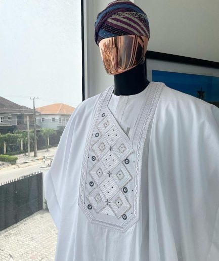 A Cocaine white, Square dropping-layered embroidery design details agbada