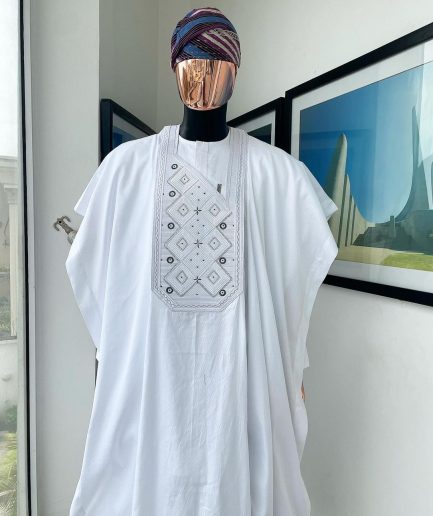 A Cocaine white, Square dropping-layered embroidery design details agbada